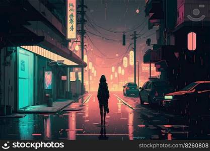 Night city alleyway cyberpunk illustration. Neon lights in the night city, silhouette of a woman in the rain, modern metropolis in the future. AI generated illustration. Night city alleyway cyberpunk. AI generated illustration