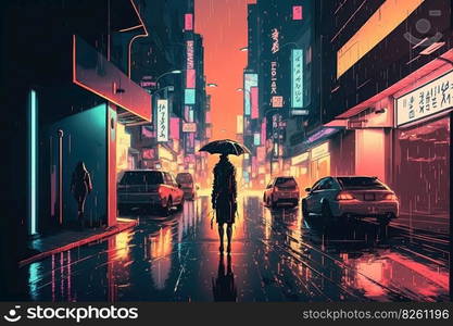 Night city alleyway cyberpunk illustration. Neon lights in the night city, silhouette of a man with umbrella in the rain, modern metropolis in the future. AI generated illustration. Night city alleyway cyberpunk. AI generated illustration