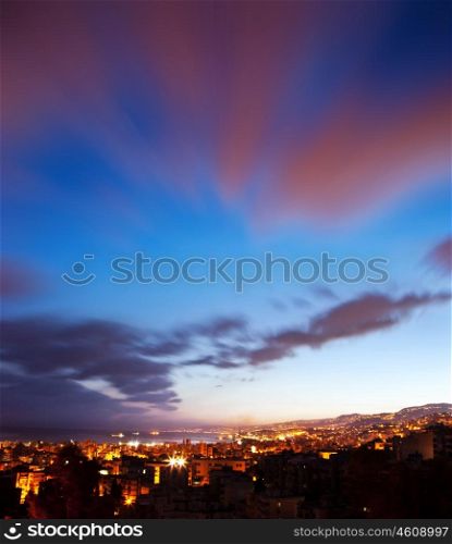 Night city landscape, big town cityscape, pink summer sunset, beautiful sky nature background, Beirut skyline at night time, scenic Mediterranean sea shore, street lights and skyscrapers, Lebanon