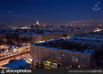 Night city. Moscow. Leninsky prospekt. View at the Moscow State University.