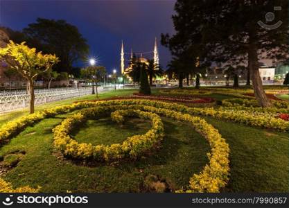 Night city park and Blue Mosque; Istanbul, Turkey