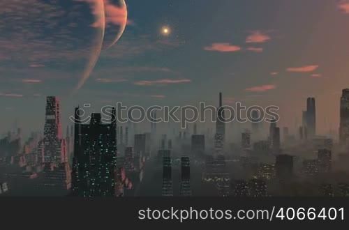Night city shrouded in haze. Skyscrapers twinkling lights. In the night sky two huge planet (moon) and a bright star. Slowly floating clouds. The sun rises and the city is painted in pink light. The camera quickly flies over city blocks.