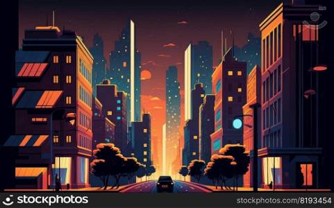 night city street houses and buildings. urban house light, old road, dark wall, cityscape scene, downtown exterior night city street houses and buildings ai generated illustration. night city street houses and buildings ai generated