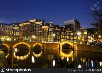 Night city view of Amsterdam, the Netherlands