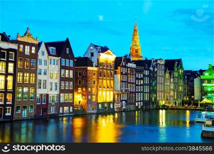 Night city view of Amsterdam, the Netherlands with canal