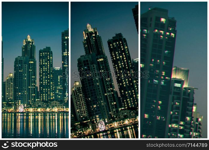 Night cityscape of Dubai city. Reflections in the water. Collage with chromatic abberations in glitch style