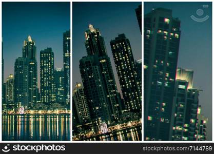 Night cityscape of Dubai city. Reflections in the water. Collage with chromatic abberations in glitch style