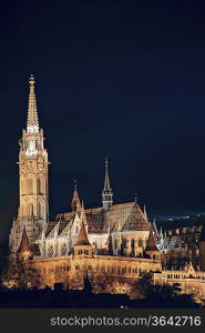 Night cityscape of the Matthias Church in Budapest capital of Hungary