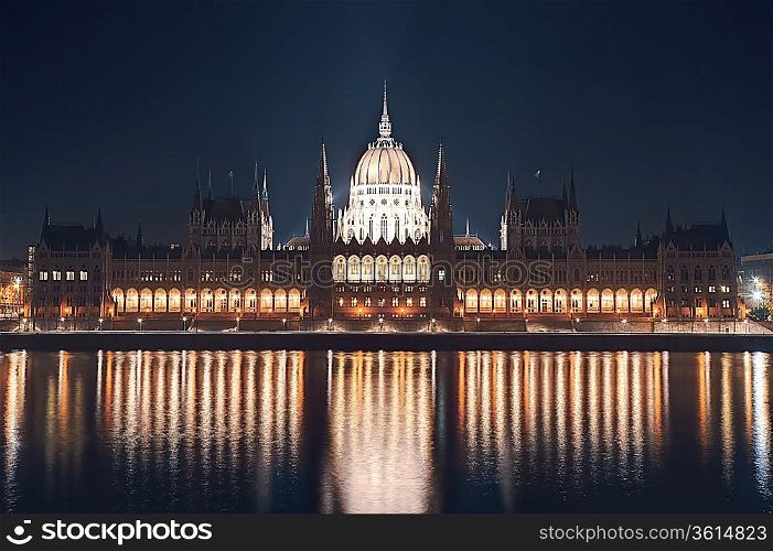 Night cityscape of the Parliament building on the Danube riverbank in central Budapest capital of Hungary