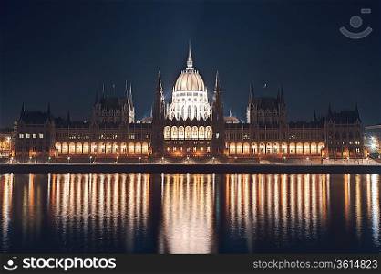 Night cityscape of the Parliament building on the Danube riverbank in central Budapest capital of Hungary
