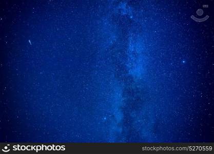 Night dark blue sky with many stars of milky way galaxy and flying satellite