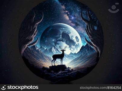 Night deer silhouette of the stars and Milky Way with a large looping full moon in the background in the bright night , Generative Ai