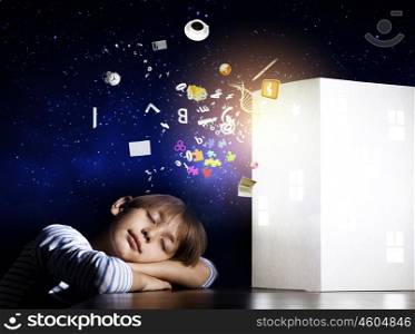 Night dreaming. Cute little boy sleeping and dreaming about home