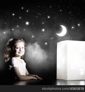 Night dreaming. Little cute girl in darkness dreaming about home and family