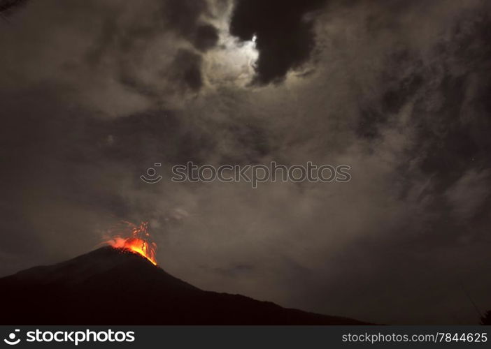 Night eruption. Tungurahua Volcano, Banos, Cordillera Occidental of the Andes of central Ecuador, South America