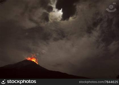 Night eruption. Tungurahua Volcano, Banos, Cordillera Occidental of the Andes of central Ecuador, South America
