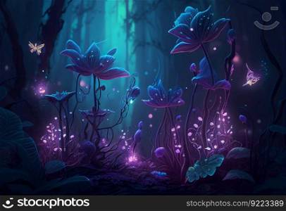 Night fairy forest and glowing flowers illustration. AI generative.