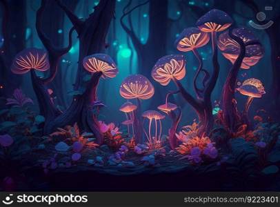 Night fairy forest and glowing flowers, 
mushrooms illustration. AI generative.