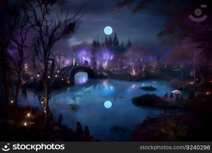 Night fairy tale landscape in fantasy style. Neural network AI generated art. Night fairy tale landscape in fantasy style. Neural network AI generated