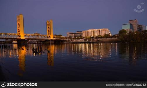 Night falls on the spectacular Tower Bridge over Sacramento&rsquo;s beautiful riverfront