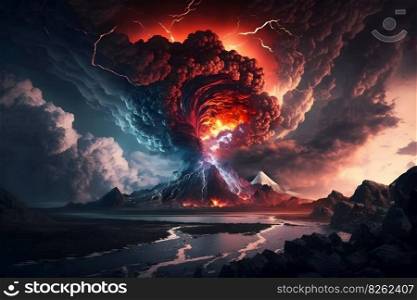 Night fantasy landscape with abstract mountains and island on the water, explosive volcano with burning lava, neon light. Neural network AI generated art. Night fantasy landscape with abstract mountains and island on the water, explosive volcano with burning lava, neon light. Neural network generated art