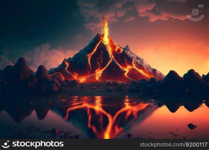 Night fantasy landscape with abstract mountains and island on the water, explosive volcano with burning lava. Neural network AI generated art. Night fantasy landscape with abstract mountains and island on the water, explosive volcano with burning lava. Neural network generated art