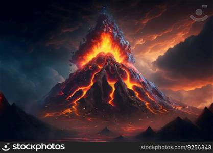 Night fantasy landscape with abstract mountains and island on the water, explosive volcano with burning lava. Neural network AI generated art. Night fantasy landscape with abstract mountains and island on the water, explosive volcano with burning lava. Neural network generated art