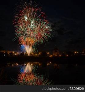 Night fireworks in the pond