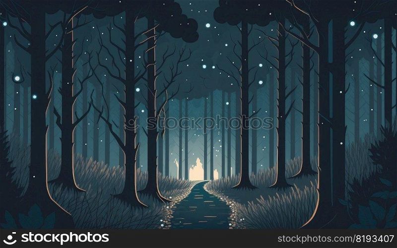 night forest landscape trees. background tree, nature light, fantasy dark, fog autumn, mystery foggy night forest landscape trees ai generated illustration. night forest landscape trees ai generated