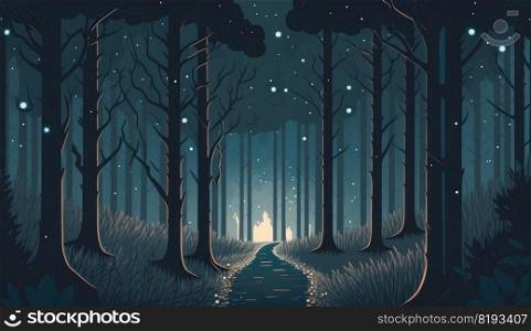 night forest landscape trees. background tree, nature light, fantasy dark, fog autumn, mystery foggy night forest landscape trees ai generated illustration. night forest landscape trees ai generated