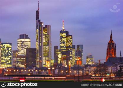 Night Frankfurt am Main, Germany. Picturesque view of business district with skyscrapers during morning blue hour, Frankfurt am Main, Germany