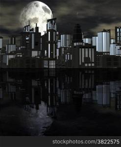 Night futuristic city scene with big moon