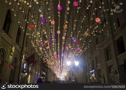 Night illumination on Nikolskaya street at october Moscow Russia 31 october 2018