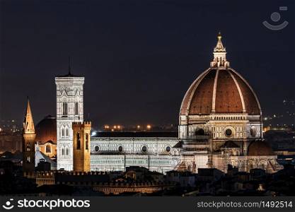 Night image of the Florence Cathedral, formally the Cathedral of Santa Maria del Fiore is the cathedral of Florence, Italy (Duomo di Firenze) horizontal image