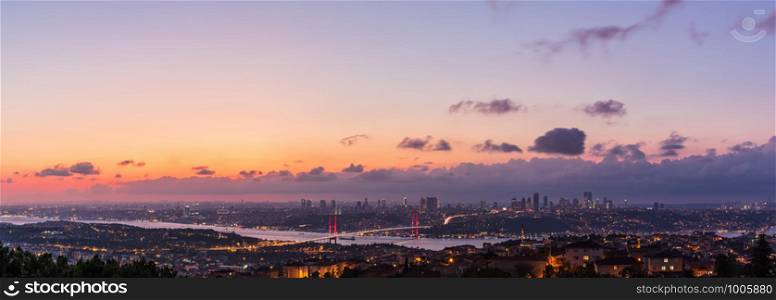 Night Istanbul panorama, view on the Bosphorus Bridge.