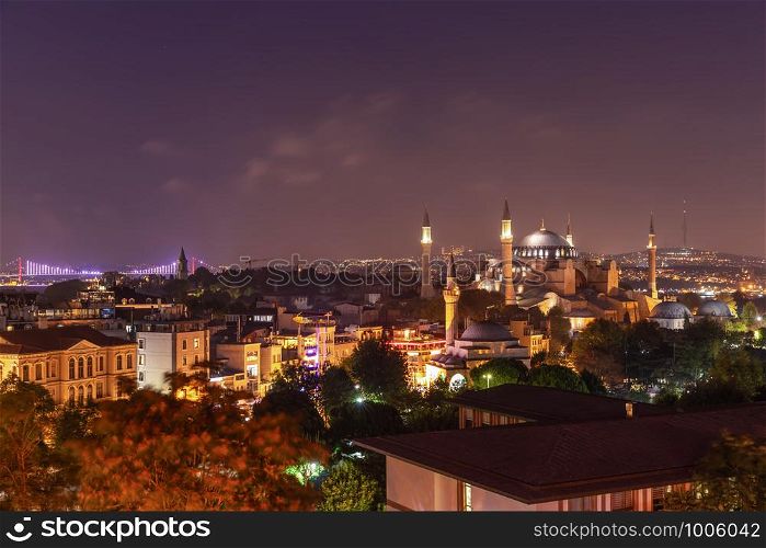 Night Istanbul, view on Hagia Sophia, the Bosphorus Bridge and the Galata Tower.. Night Istanbul, view on Hagia Sophia, the Bosphorus Bridge and the Galata Tower