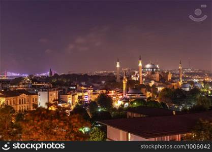 Night Istanbul, view on Hagia Sophia, the Bosphorus Bridge and the Galata Tower.. Night Istanbul, view on Hagia Sophia, the Bosphorus Bridge and the Galata Tower