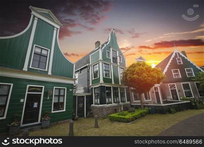 Night landscape of the Starry sky. Traditional houses in Holland town Volendam . Night landscape of the Starry sky.