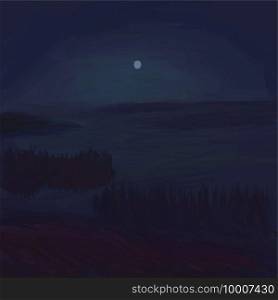 Night landscape with full moon and lake