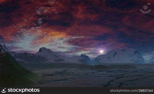 Night. Mountain covered with snow framed by icy plateau. In the dark sky red gas nebula changes its shape. Rises above the horizon, bright shining objects (stars, UFO) and fills the landscape with blue light. Slowly floating clouds.