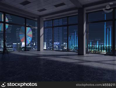 Night office interior. Background of office interior with night cityscape