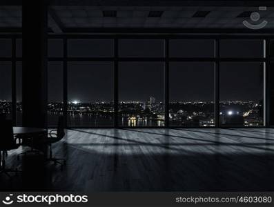 Night office interior. Background of office interior with night cityscape