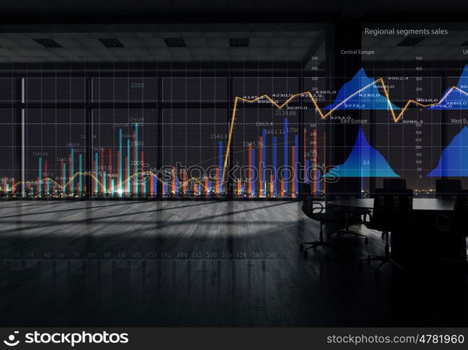 Night office interior. Background of office interior with night cityscape