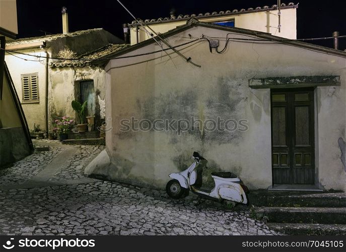 Night old medieval Stilo famos Calabria village street view, southern Italy.