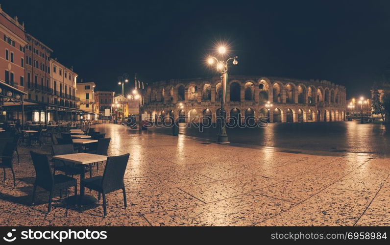 Night old Verona illuminated street panorama, Italy. Night old Verona illuminated street panorama