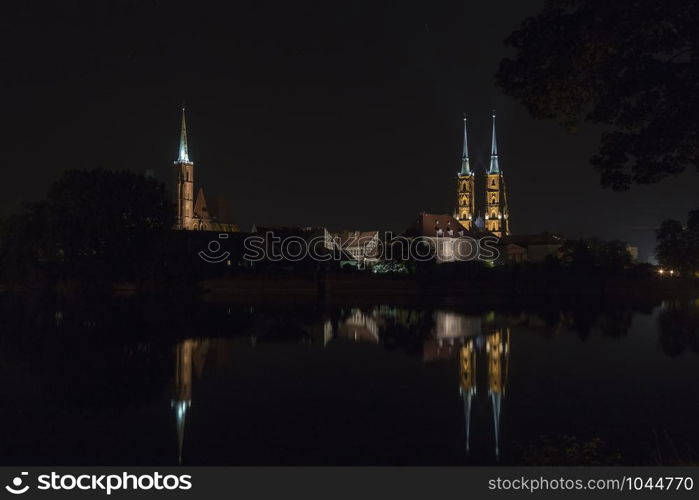 Night on the island Tumski in Wroclaw. Poland