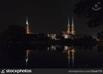 Night on the island Tumski in Wroclaw. Poland