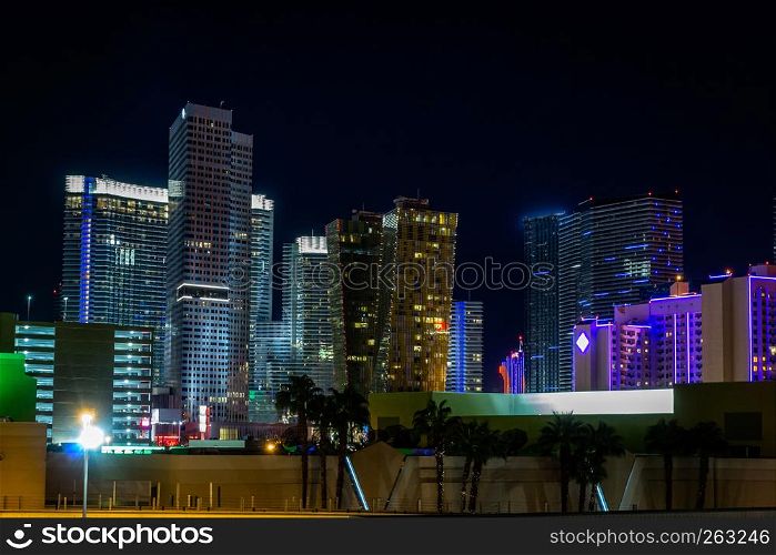 Night over illuminated skyscrapers in Las Vegas