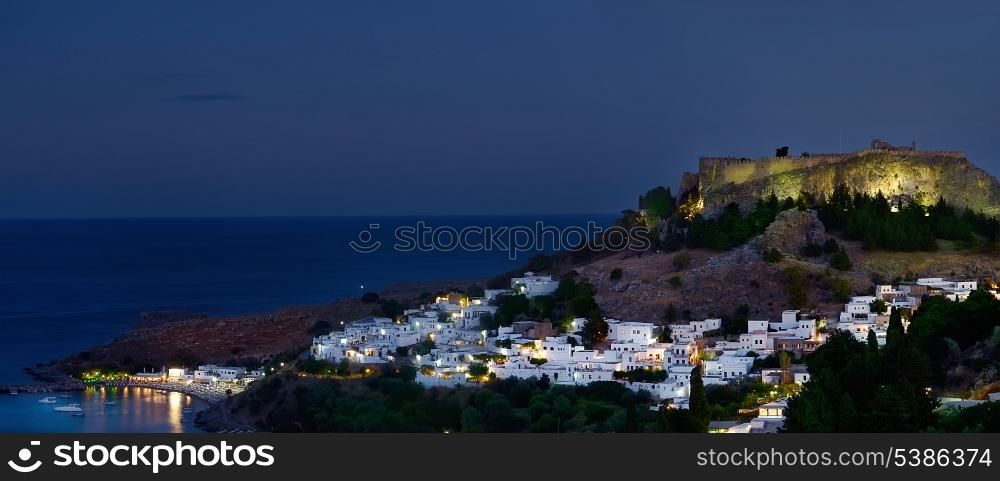 Night panorama of Lindos. Rhodes. Greece.
