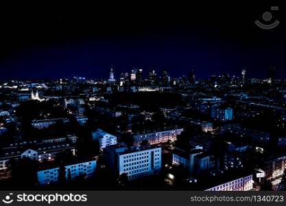 Night panorama of Warsaw city center, Poland. City Center. Europe. Aerial View